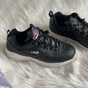 Black red and white Fila Shoes